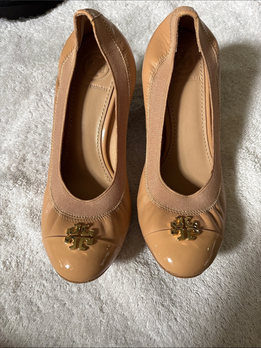Tory Burch Camel Patent Cap-Toe Reva Flats with Gold Logo